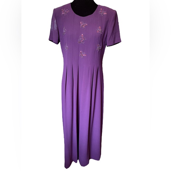 Jessica Howard Vintage 90s Purple Embroidered Sequin Whimsical Butterfly Dress - Picture 2 of 7